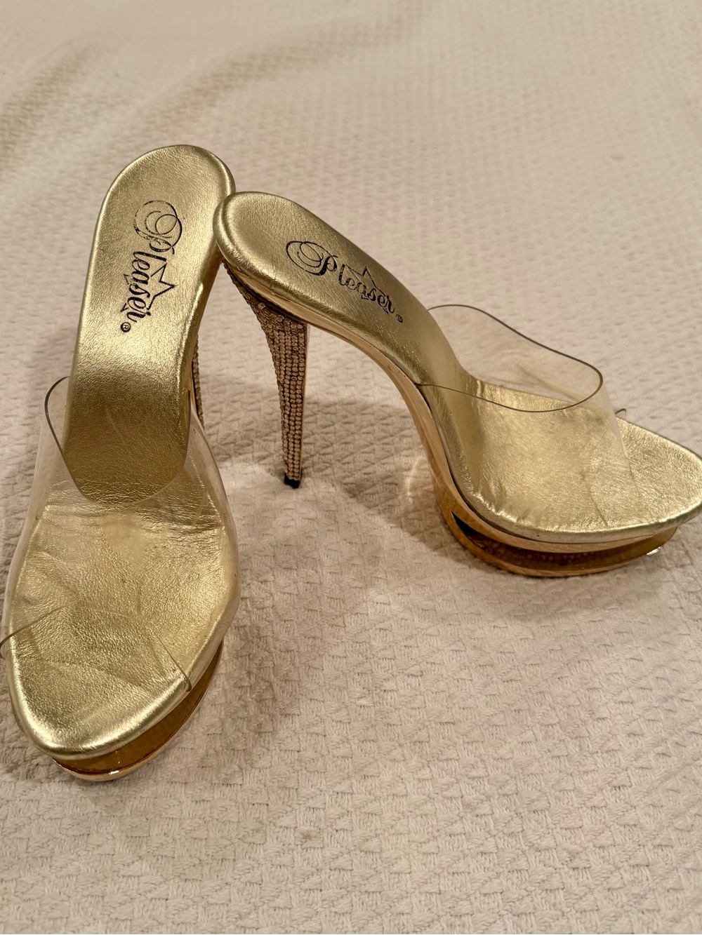 Pleaser Gold and Rhinestone Platform Stiletto Slides